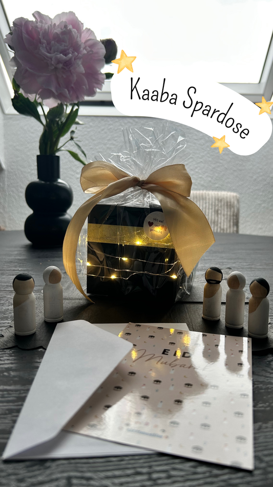 Kaaba Spardose aus Holz in Geschenkverpackung
